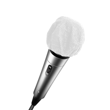 HygenX sanitary disposable microphone cover on a microphone, promoting hygiene for sharing in schools and events.